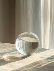 Crystal ball on a surface with light and shadow reflections.