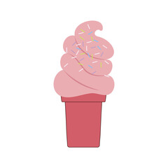 Ice cream flat. Cute kids frozen creamy desserts and sundaes. Waffles cones vanilla, ice lolly scoops cake. Colorful cartoon creamed chocolate and milk brown yellow green and red popsicle