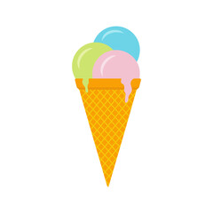 Ice cream flat. Cute kids frozen creamy desserts and sundaes. Waffles cones vanilla, ice lolly scoops cake. Colorful cartoon creamed chocolate and milk brown yellow green and red popsicle