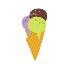 Ice cream flat. Cute kids frozen creamy desserts and sundaes. Waffles cones vanilla, ice lolly scoops cake. Colorful cartoon creamed chocolate and milk brown yellow green and red popsicle