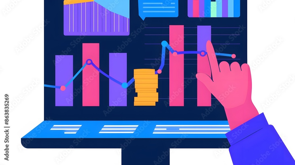 Poster colorful computer screen displaying data charts and graphs with a hand pointing for analysis or busi