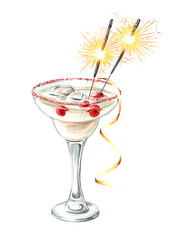 Festive Christmas Cranberry Margarita cocktail with Sparklers. Hand drawn watercolor illustration  isolated on white background