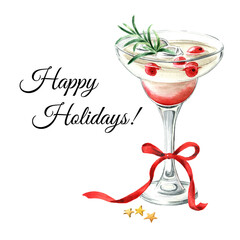 Festive Christmas Cranberry Margarita cocktail, greeting card concept. Hand drawn watercolor illustration  isolated on white background