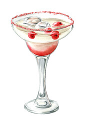 Festive Christmas Cranberry Margarita cocktail. Hand drawn watercolor illustration  isolated on white background