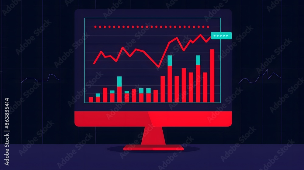 Poster digital stock market chart on computer screen displaying rising and falling bars and lines indicatin