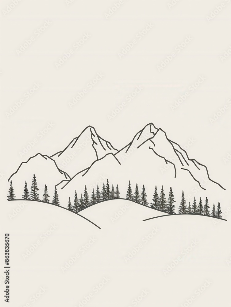 Poster a minimalist line drawing of a mountain landscape at dawn, featuring soft pastel hues in the sky. ge