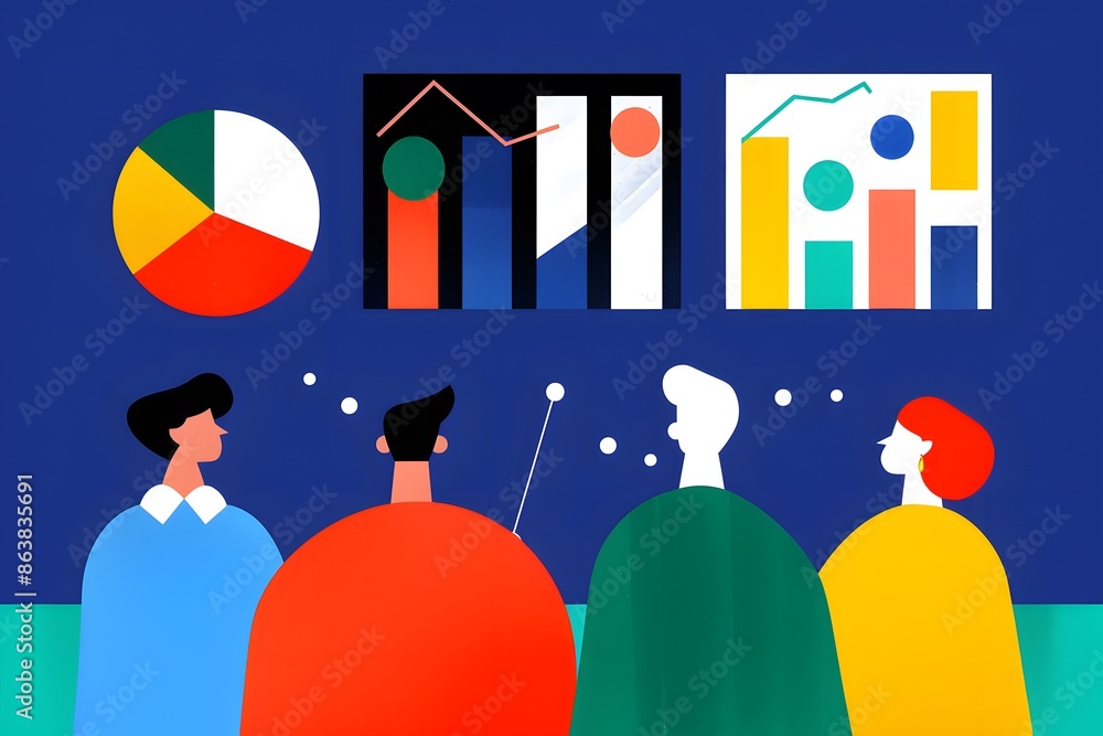Poster illustration of a diverse team discussing data analytics and business growth with colorful charts an