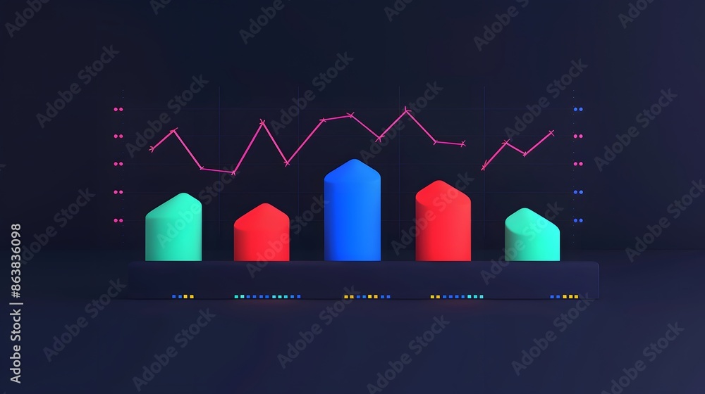 Poster 3d bar chart and line graph on dark background, showcasing data visualization and business analytics