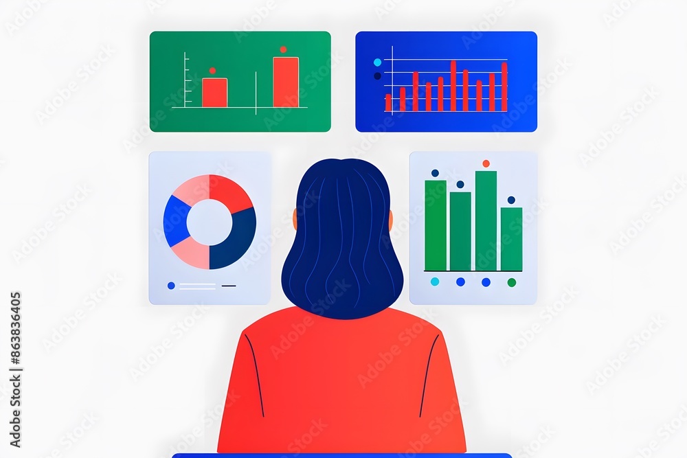 Poster a person analyzing colorful charts and graphs on a screen, representing data analytics and business 