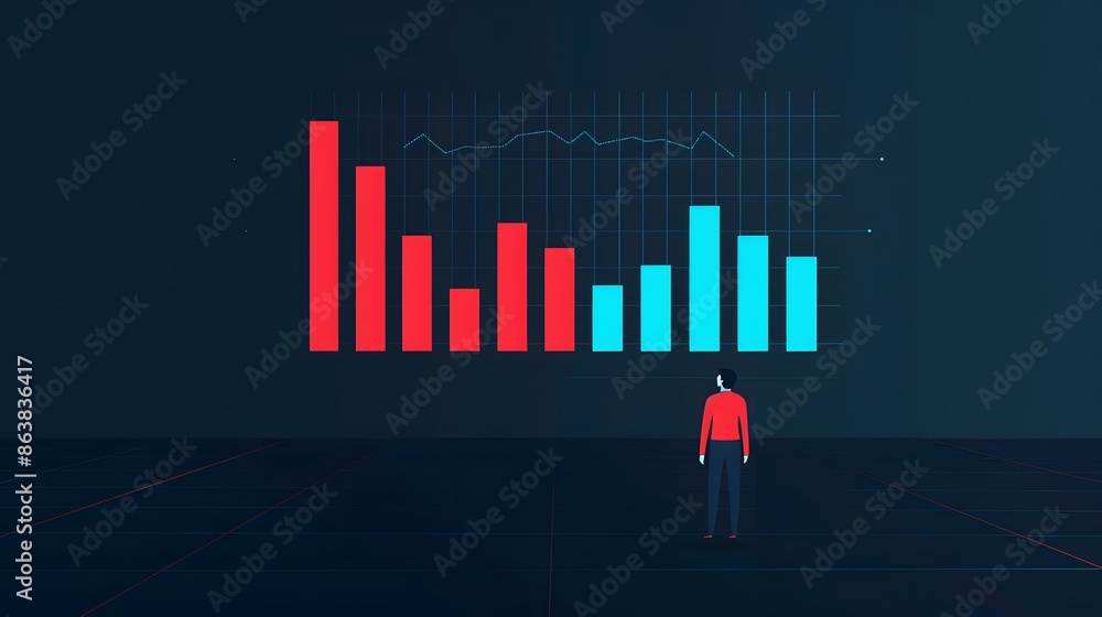 Poster a person examining a bar graph with red and blue bars, representing statistical data analysis and bu