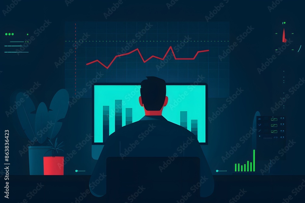Poster a professional analyzing financial data on a computer screen in a dark room with charts and graphs, 