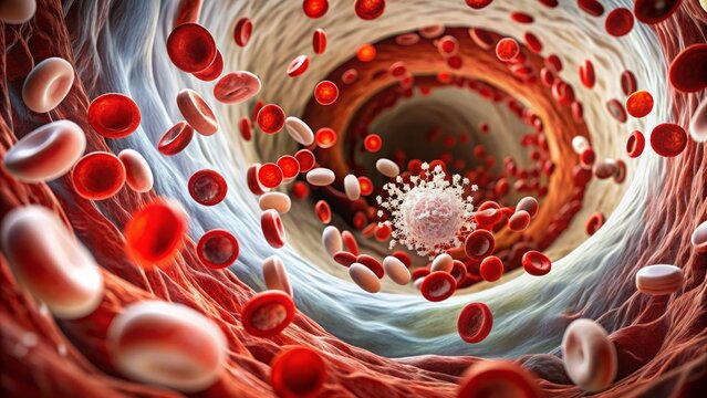 Microscopic view of red and white blood cells flowing rapidly through a narrow artery, surrounded by plasma and platelets.