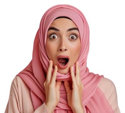 PNG Arab woman surprised face portrait headscarf headshot.