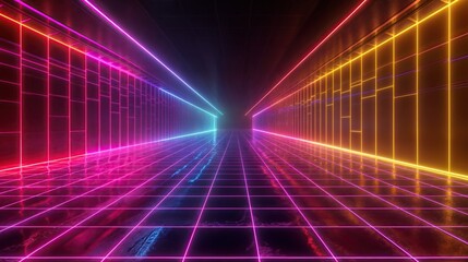 Futuristic neon light tunnel with vibrant glowing colors