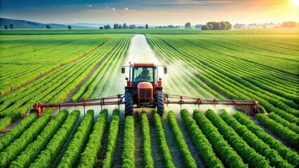 Obraz premium Tractor spraying biochemicals on crops in a field, agriculture, farming