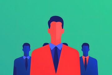 Abstract illustration of four businessmen in suits, with one standing out in a vibrant red color against a green background.