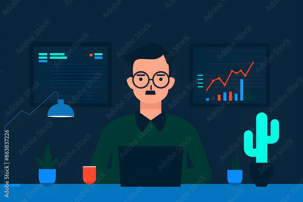 Poster an illustration of a man working on a laptop at a desk, with graphs and charts in the background, re