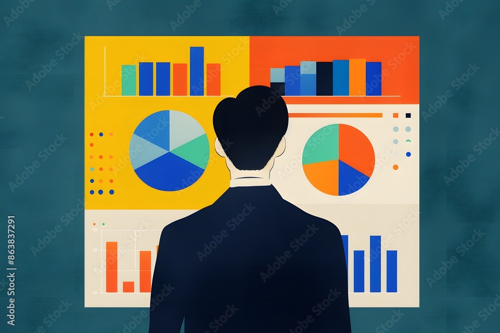 Poster back view of a man analyzing colorful business charts on a screen, representing data analysis and co
