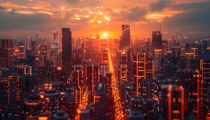 Obraz premium A futuristic city skyline with tall, sleek buildings made of metal and glowing with orange lights