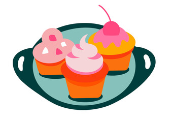 A set of different cupcakes with cream. Sweet cakes on a tray. Flat illustration isolated on white background 