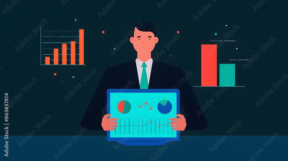 Poster businessman analyzing digital charts on a laptop screen with bar graphs and pie charts in the backgr