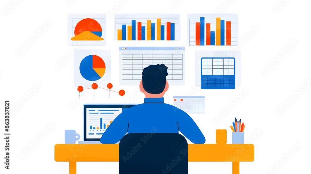 Poster businessman analyzing financial charts on multiple screens. business data analysis concept with grap