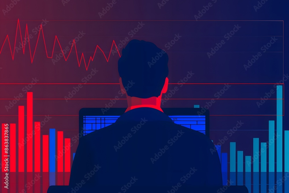 Poster businessman analyzing financial data on a computer screen with graphs and charts, depicting market t