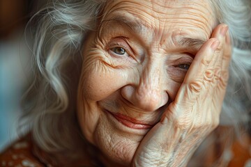 Close-up of a white lady happily placing her hand on her cheek and smiling brightly
