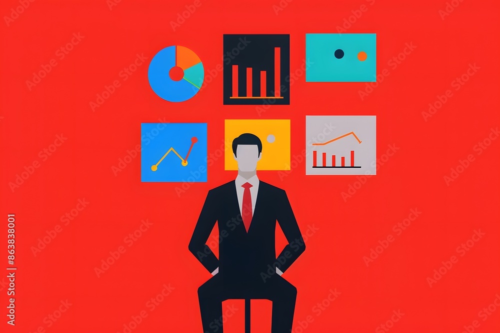Poster businessman in a suit surrounded by graphical charts and data visualizations on a red background, re