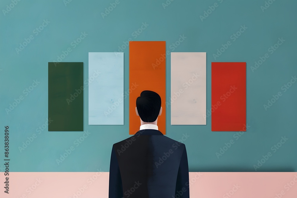 Poster businessman in suit analyzing colorful bar chart on wall, symbolizing data interpretation and strate