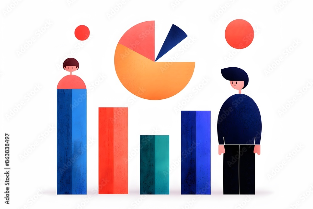 Poster colorful abstract illustration of two people with bar charts and a pie chart, representing data anal