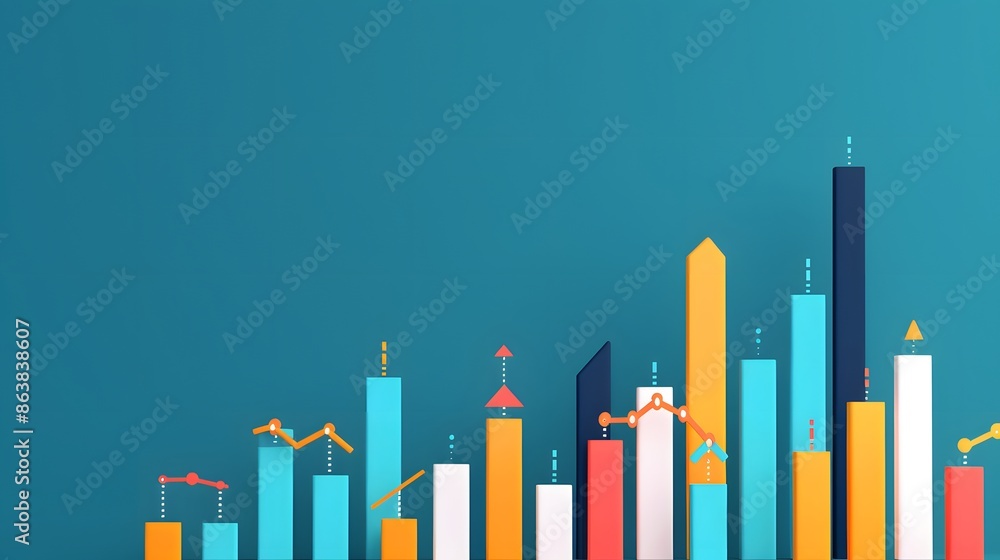 Poster colorful bar graph with various data points on a teal background, illustrating different statistical