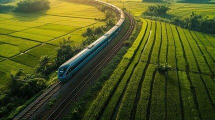 The train passes through green rice fields