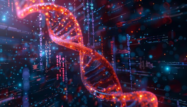 A glowing DNA helix is surrounded by blue and red particles and binary code in a digital space. The image suggests the intersection of biology and technology.