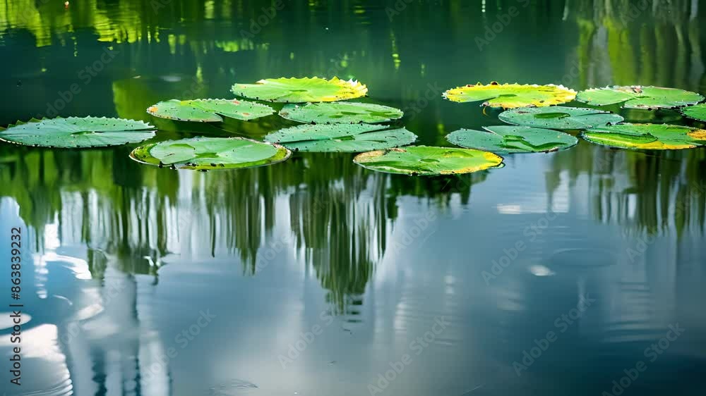 Poster a group of lily pads float on the surface of a lake their reflections mirrored in the water creating