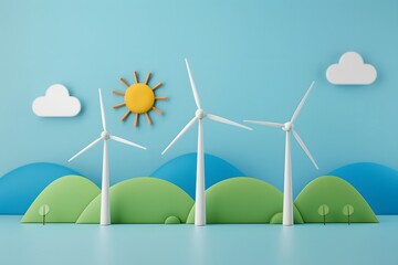Fototapeta premium Colorful paper art style landscape featuring wind turbines, hills, sun, and clouds symbolizing renewable energy and sustainability.