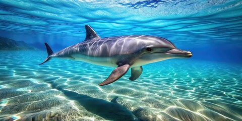 Fototapeta premium Dolphin gracefully swimming in crystal clear water, marine life, mammal, aquatic, ocean, wildlife, playful, intelligent, beautiful