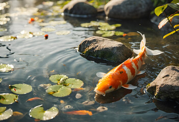 Colorful koi carp fish floating in the pond 