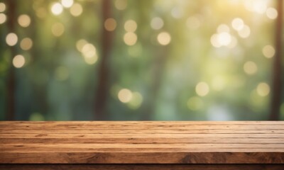 Wooden table top with blurred green background