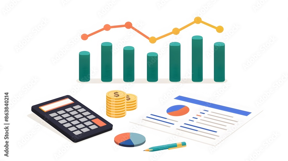 Poster financial analysis with a calculator, graphs, and charts illustrating growth and performance metrics