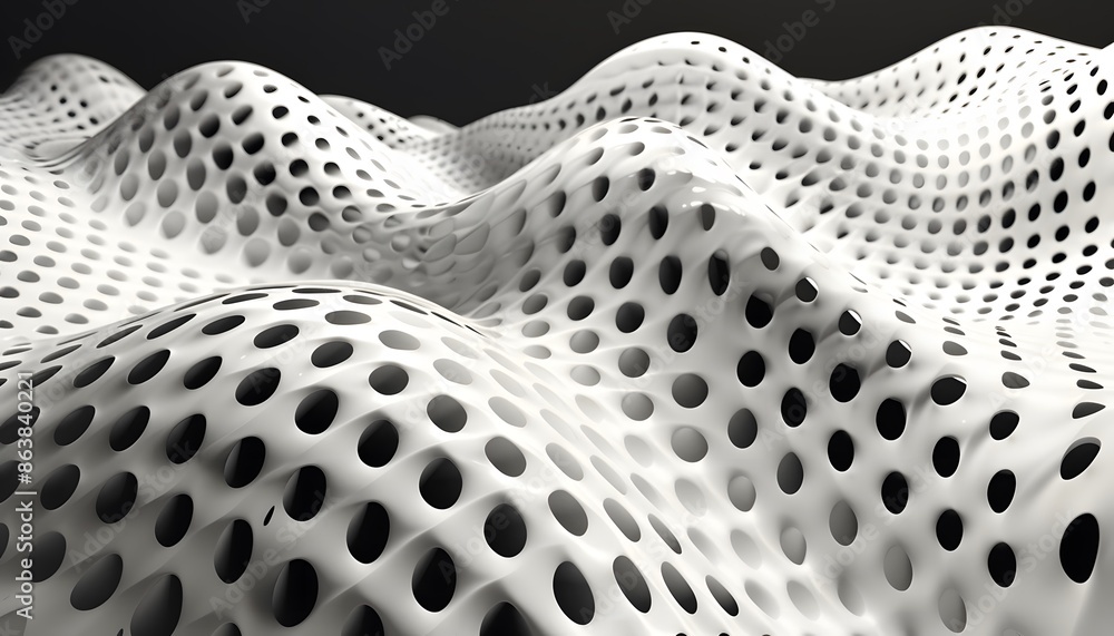Poster an abstract white surface with circular holes. the surface is wavy and creates an interesting visual
