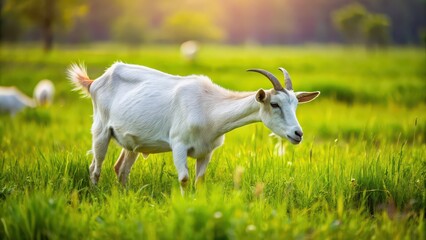 Obraz premium Goat grazing in a lush green farm field, goat, farm, agriculture, rural, animal, livestock, pasture, cute, domestic, mammal