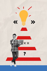 Creative trend collage of thoughtful businessman electric bulb idea working strategy billboard...