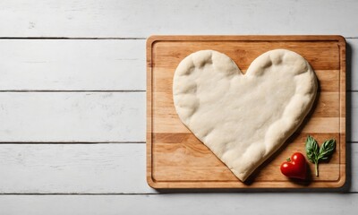 Obraz premium Heart-shaped pizza dough on cutting board with tomato and basil