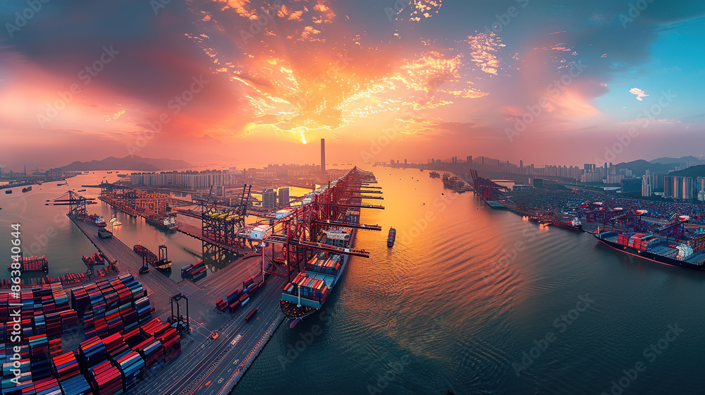 Wall mural An aerial view of a port terminal, a container, a cargo ship - Wall murals