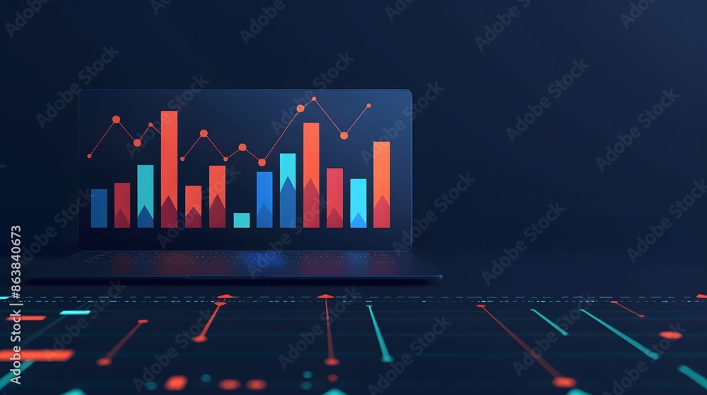 Aufkleber futuristic data visualization with bar and line charts on a laptop screen, representing modern analy