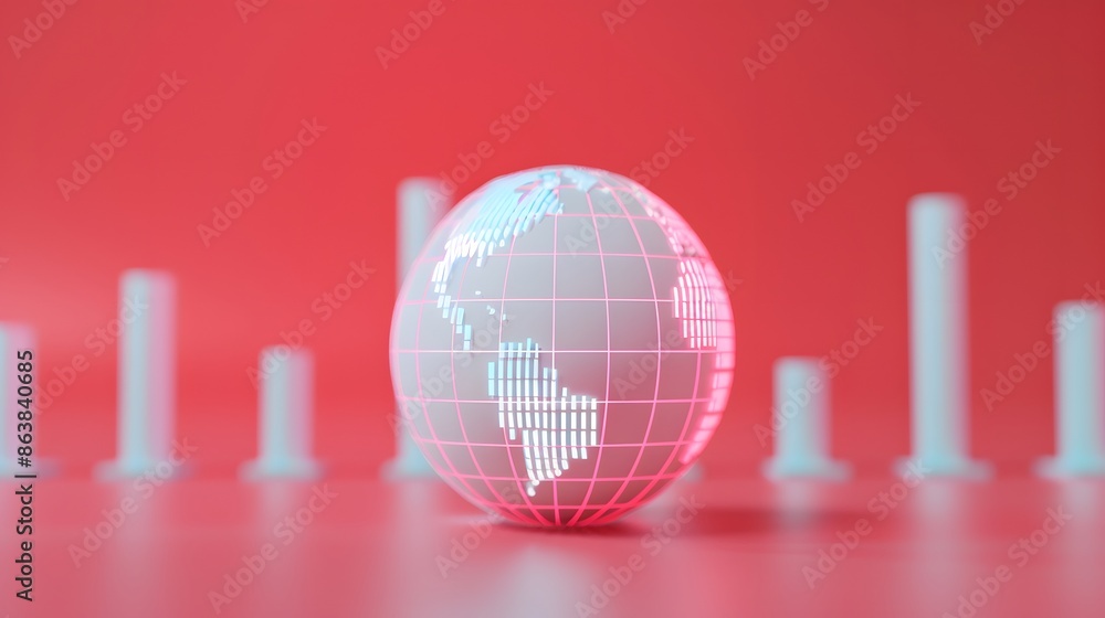 Poster glowing globe on red background with bar chart elements. concept of global connectivity, technology,