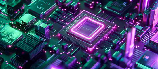 Obraz premium concept futuristic digital microchips green and violet color