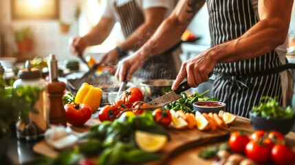 Two multiracial men cooking together in kitchen cooking class mastery, cutting blur group food