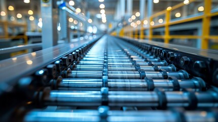 Obraz premium Conveyor industry industrial production line with rollers moving along track, equipment machinery factory